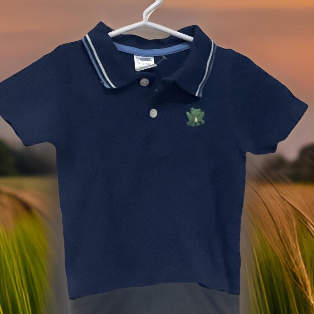 Gymboree NWT Frog Pond Navy Frog Polo Shirt with Stripe Collar 3- 6 mos. - Picture 1 of 1